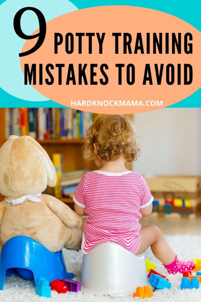 Pinterest pin for 9 Potty Training Mistakes to Avoid with child on potty seat 