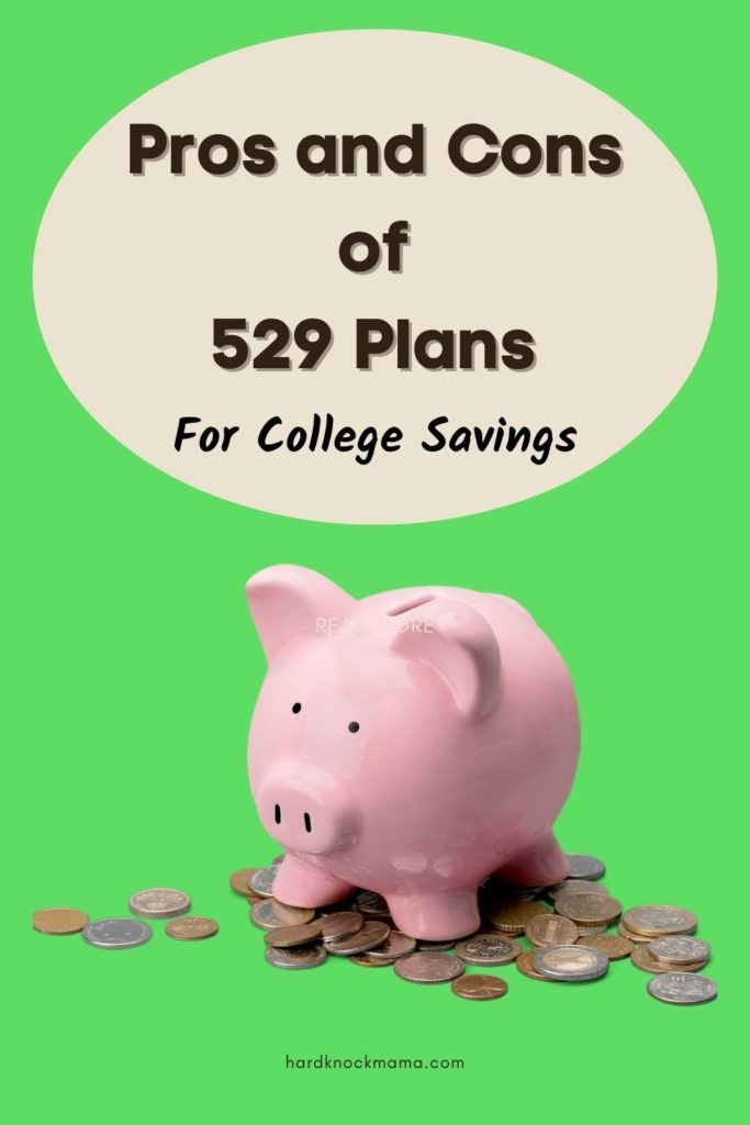 Pin about pros and cons of 529 children education savings plan with piggy bank and coins