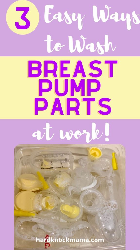 Pinterest pin for Cleaning Breast Pump Parts at work post with image of breast pump parts soaking in wash basin of soap and water